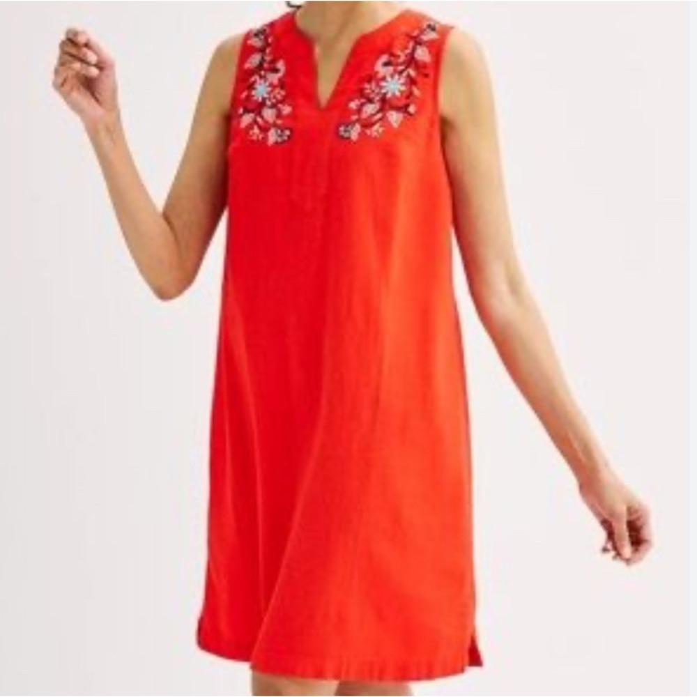 CROFT & BARROW Dress Women's Size L Coral Linen Rayon Floral Embroidered Sleevel